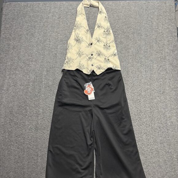 Cider Pants - NWT Cider Halter Top Pant Set Women's Small Black/Cream Floral Suit Wide Leg NEW